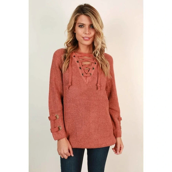 One Star Sugar and Spice Lace Up Sweater in Rustic Rose Size Small Cozy Sweater - Picture 1 of 12